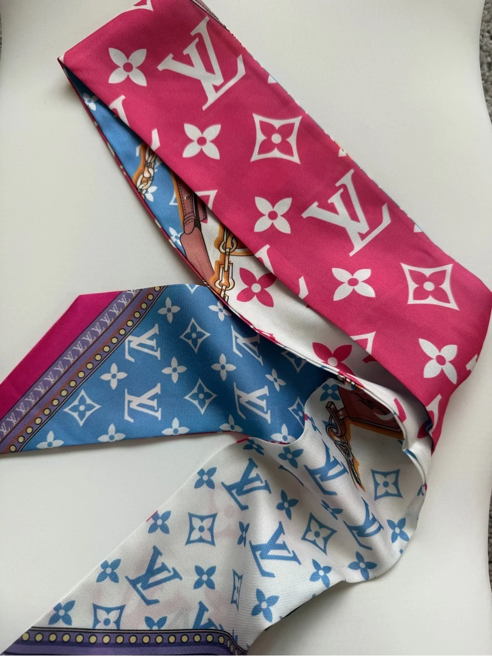 Louis Vuitton Pink, White & Blue Monogram Silk Twilly